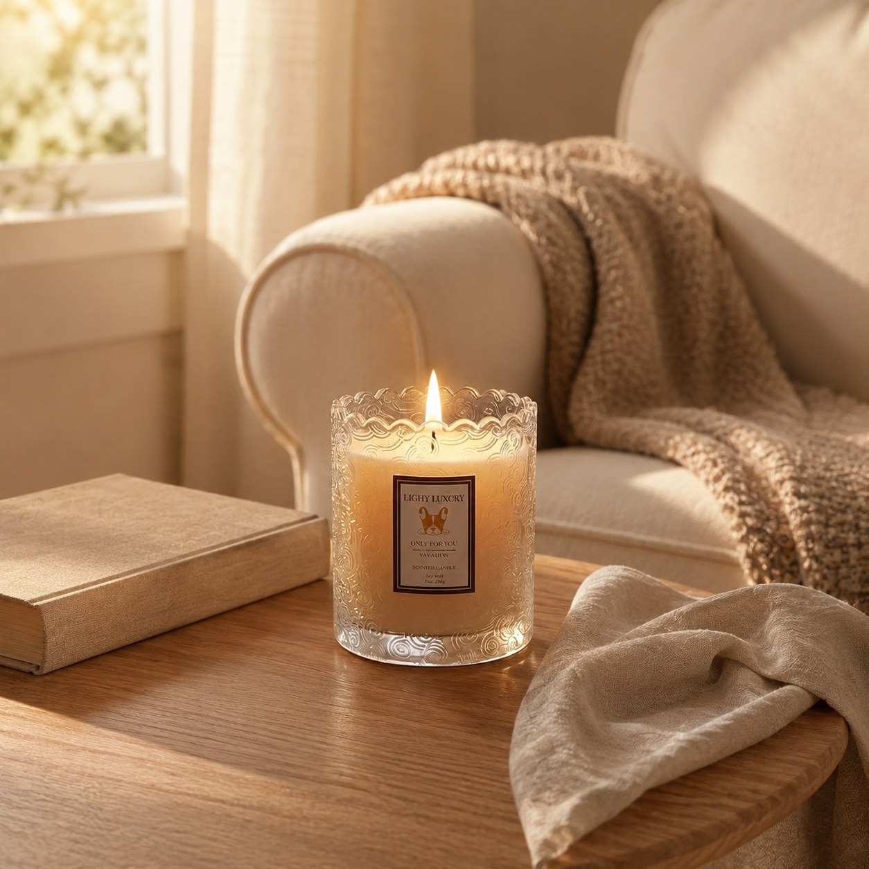 Luma Embossed Glass Scented Candle styled in a relaxed reading nook