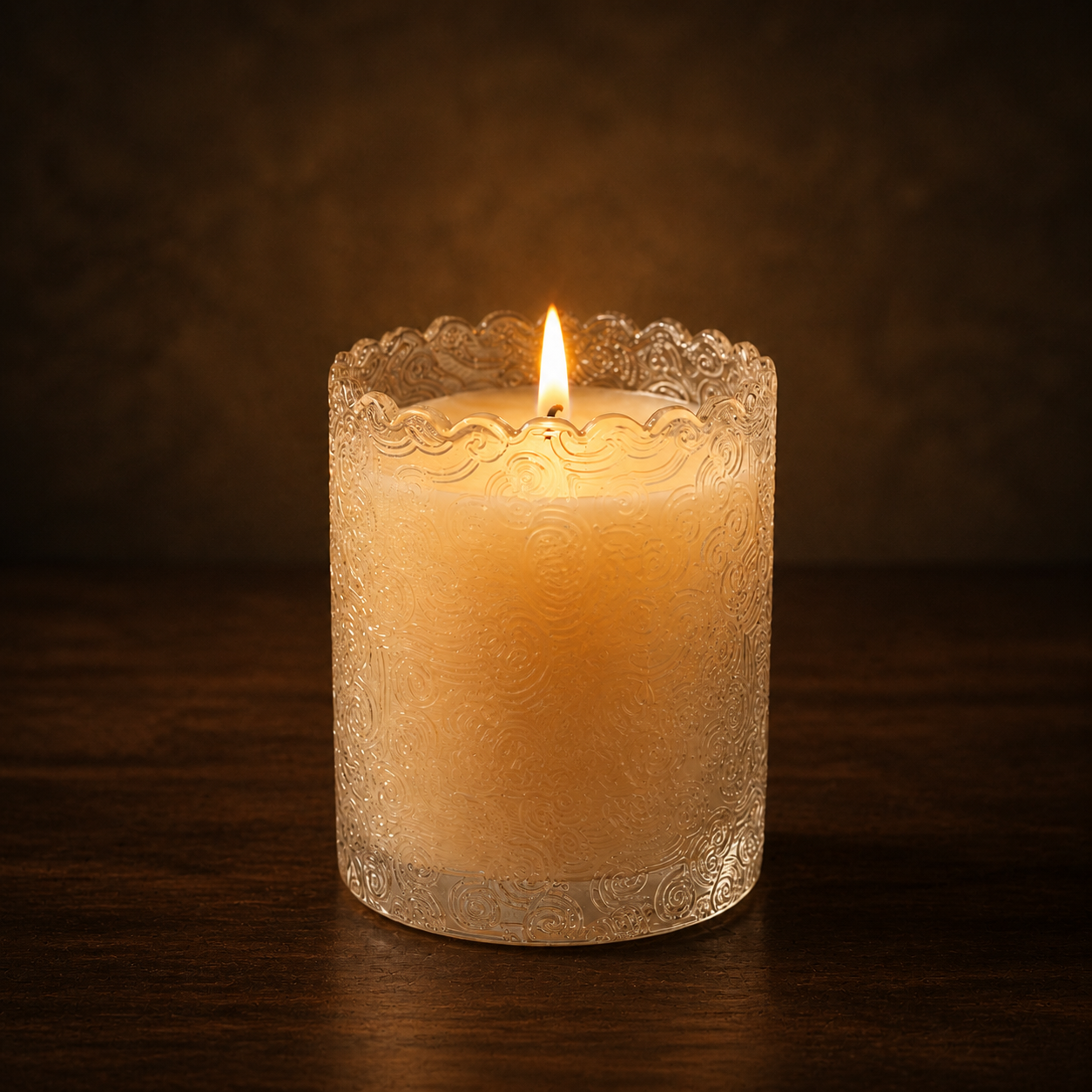 Embossed glass scented candle on a dark walnut surface with warm studio lighting