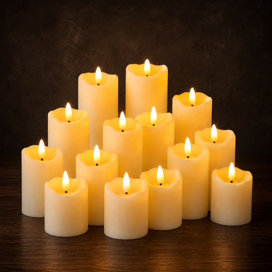 Ivory flameless pillar candle set on a dark walnut surface with warm studio lighting