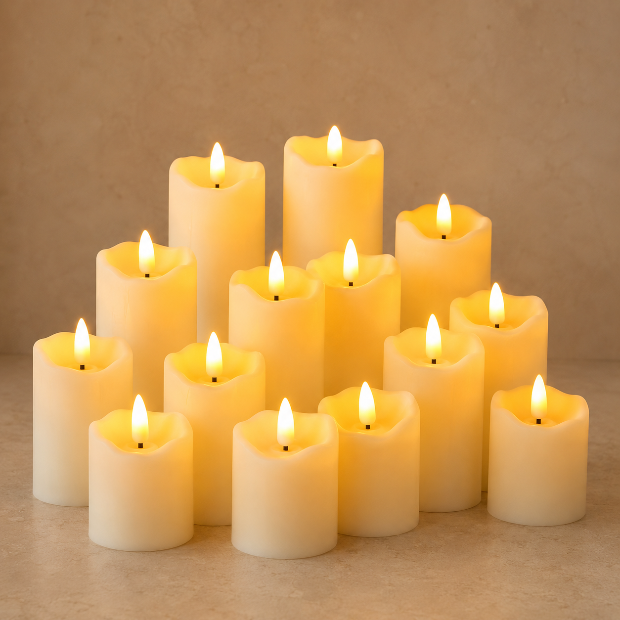 Luma Flameless Pillar Candle Set in a warm neutral studio setting