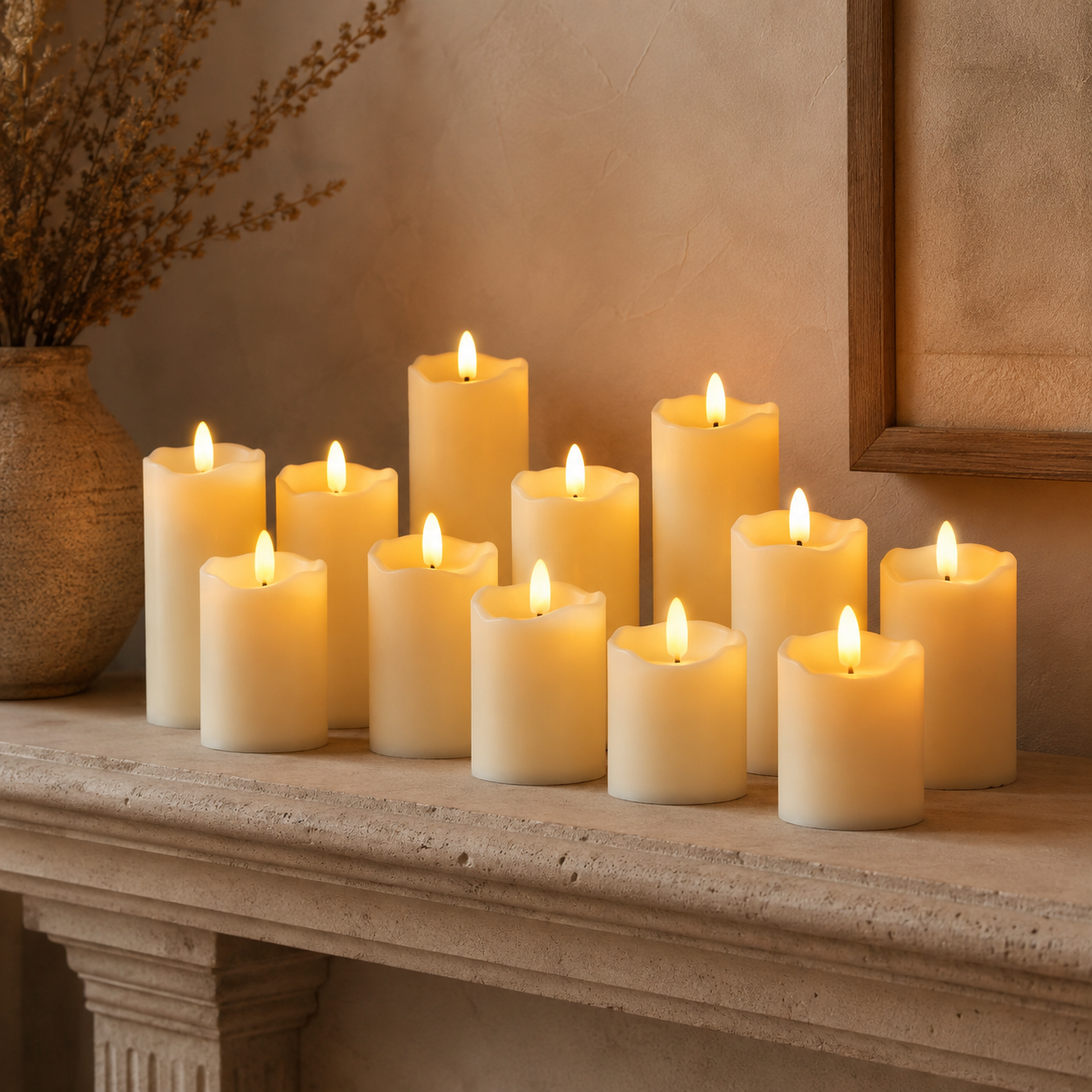 Luma Flameless Pillar Candle Set styled in a cosy contemporary room