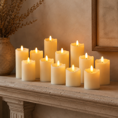 Luma Flameless Pillar Candle Set styled in a cosy contemporary room