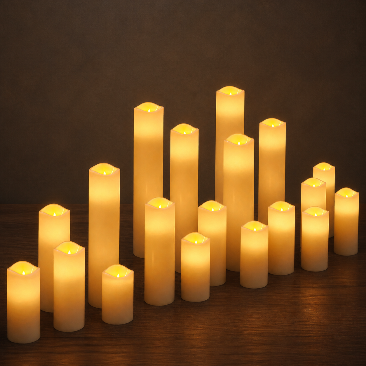 Slim flickering LED candle set on a dark walnut surface with warm studio lighting