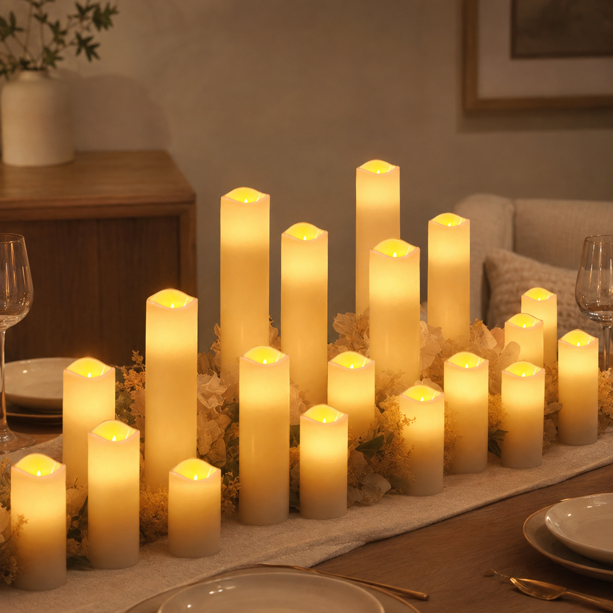 Luma Flickering LED Candle Set in a warm neutral studio setting