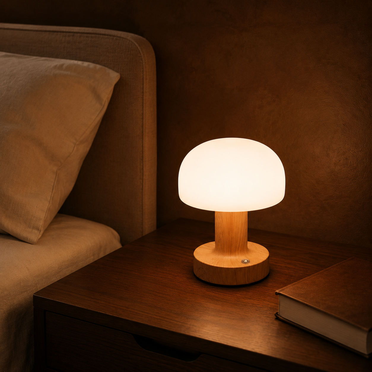 Luma Retro Mushroom Lamp shown in a styled room for scale
