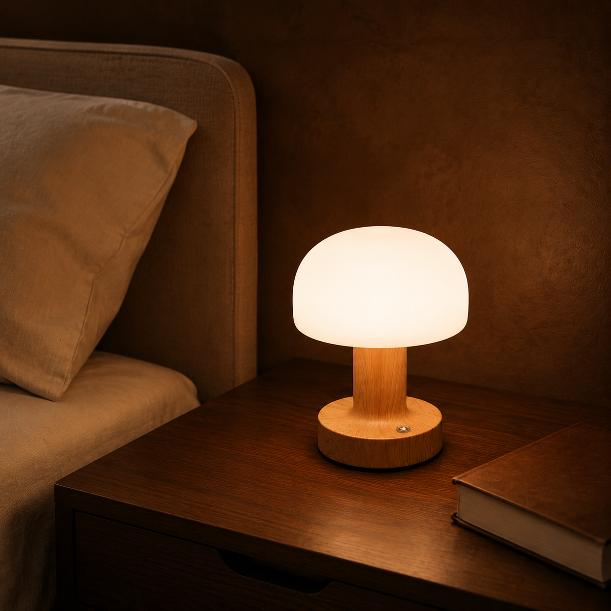 Luma Retro Mushroom Lamp shown in a styled room for scale