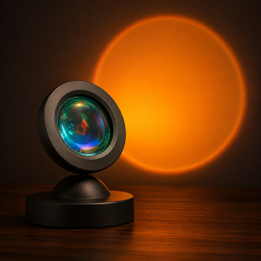 Luma Sunset Projector styled in a warm, premium interior