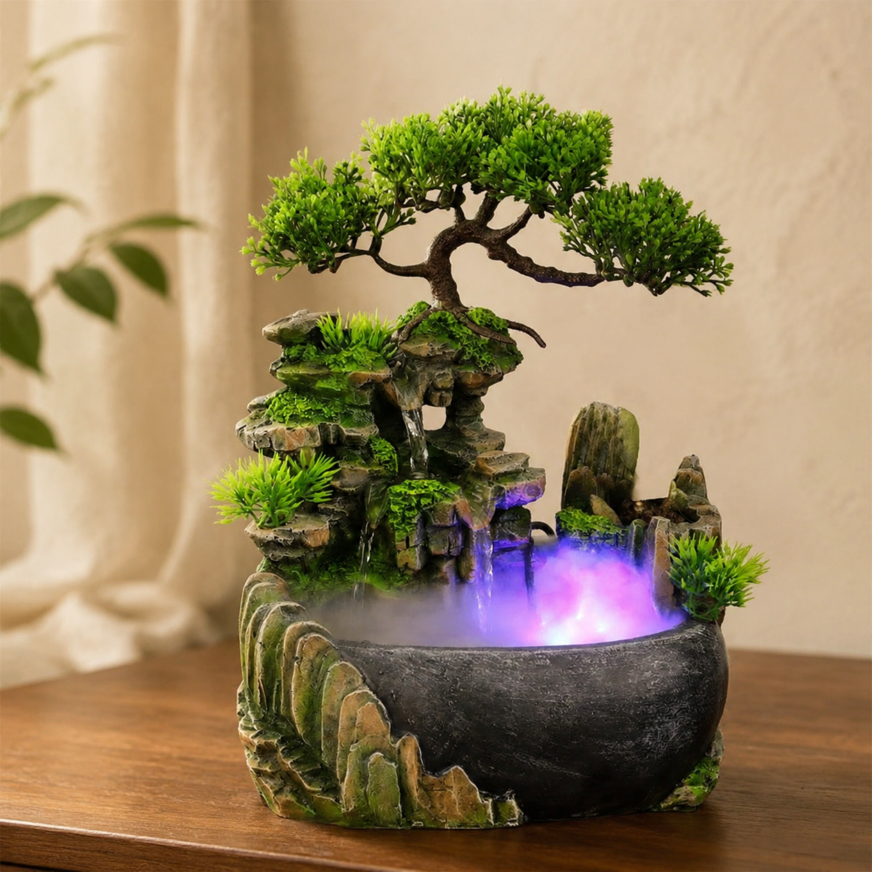 Mist-lit bonsai tabletop fountain in a warm natural interior