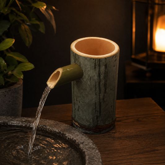 Natural Bamboo Water Spout on a dark walnut surface against a warm charcoal-brown wall