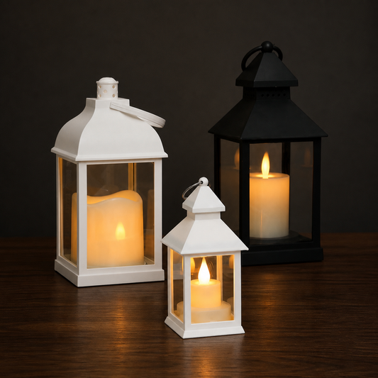 Portable LED Candle Lanterns on a dark walnut surface with warm studio lighting