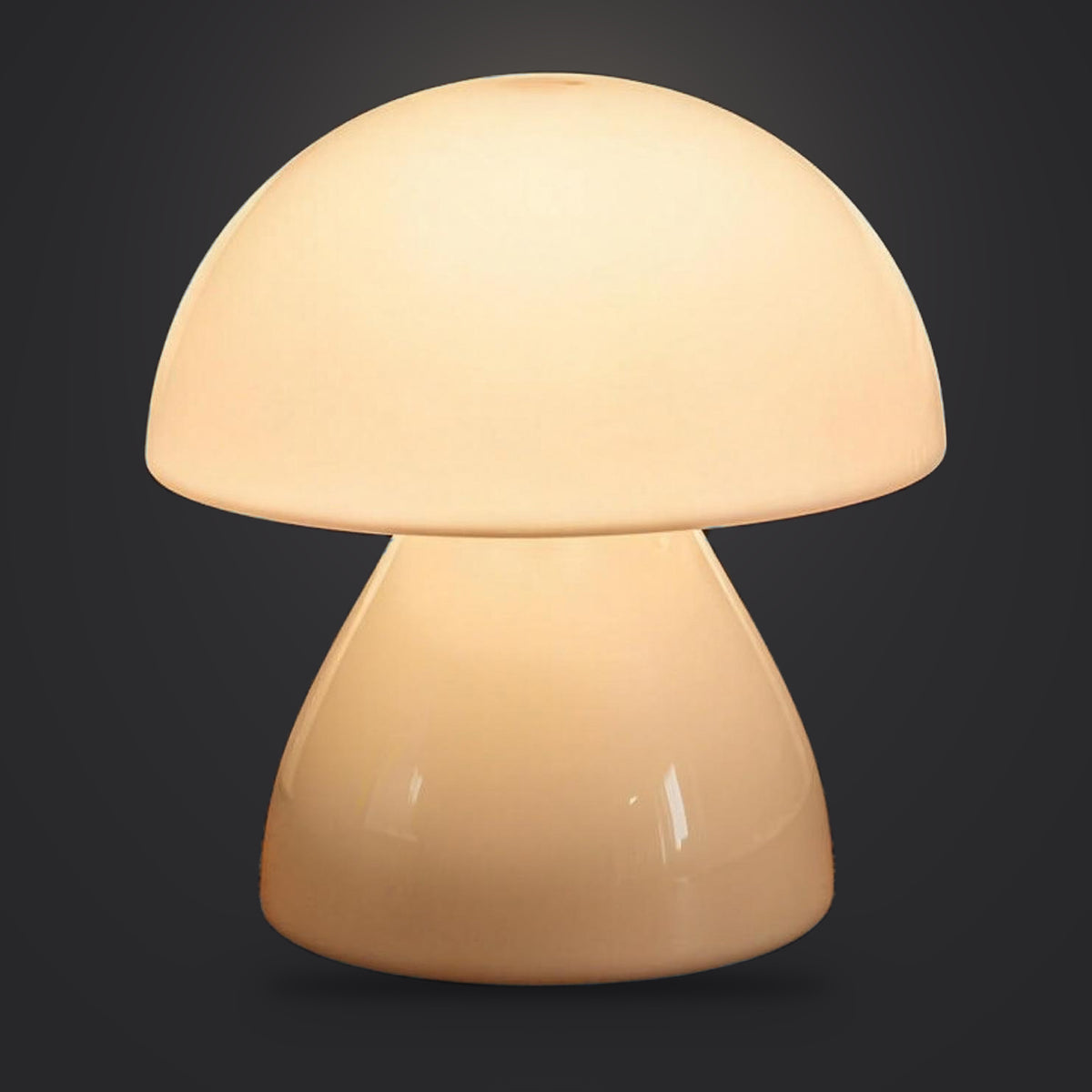 Rechargeable cordless table lamp, Beige option, lit with a soft glow, on a plain charcoal background