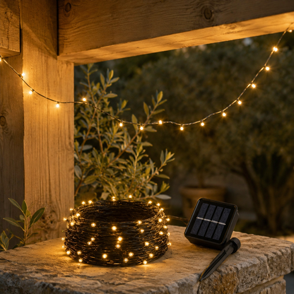 Warm-white solar fairy lights on a natural wood pergola