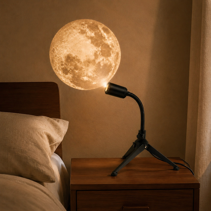 USB moon projector casting a warm moon image in a neutral bedroom