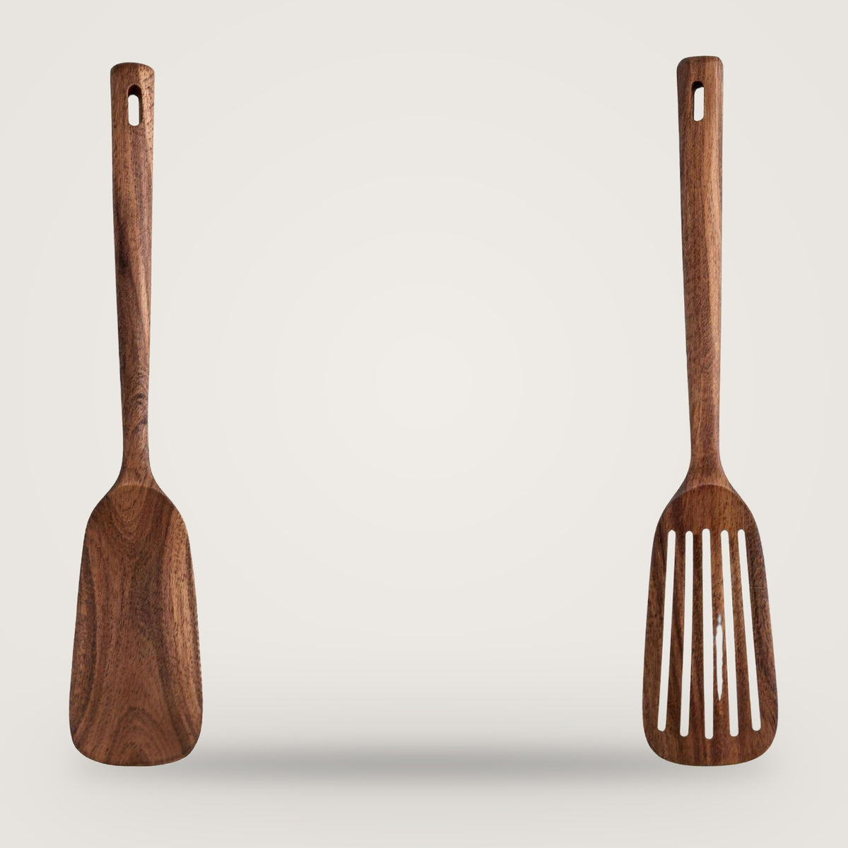 Wooden cooking utensils, 2-Piece Spatula Set option, on a plain light grey background