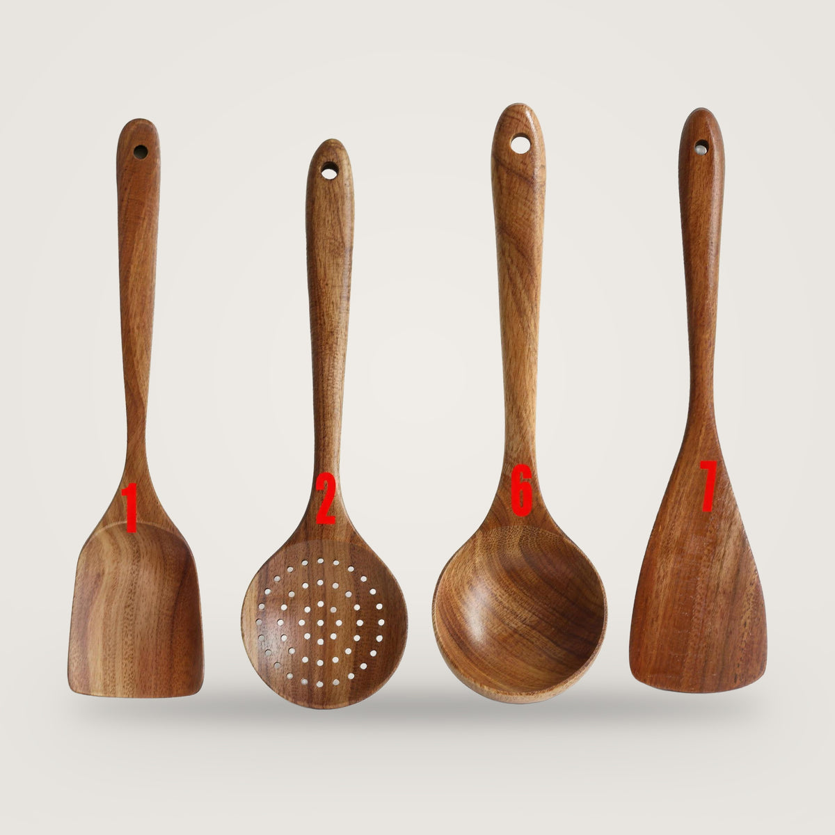 Wooden cooking utensils, 4-Piece Cooking Set option, on a plain light grey background