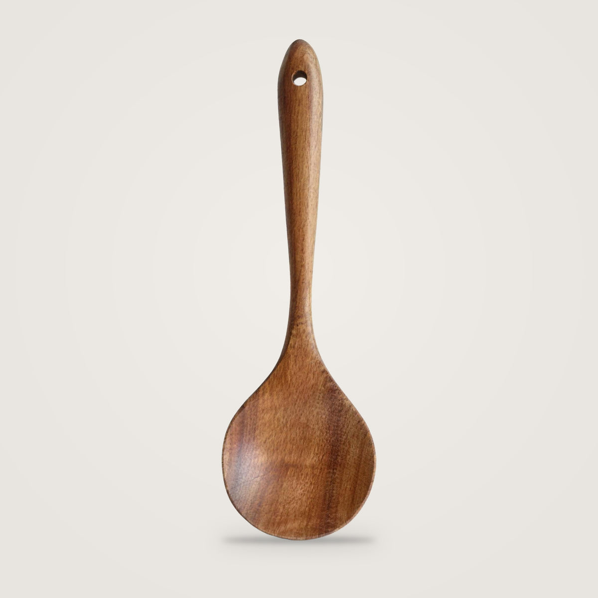 Wooden cooking utensils, Round Spoon option, on a plain light grey background