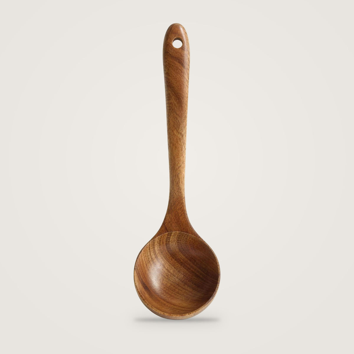 Wooden cooking utensils, Soup Ladle option, on a plain light grey background