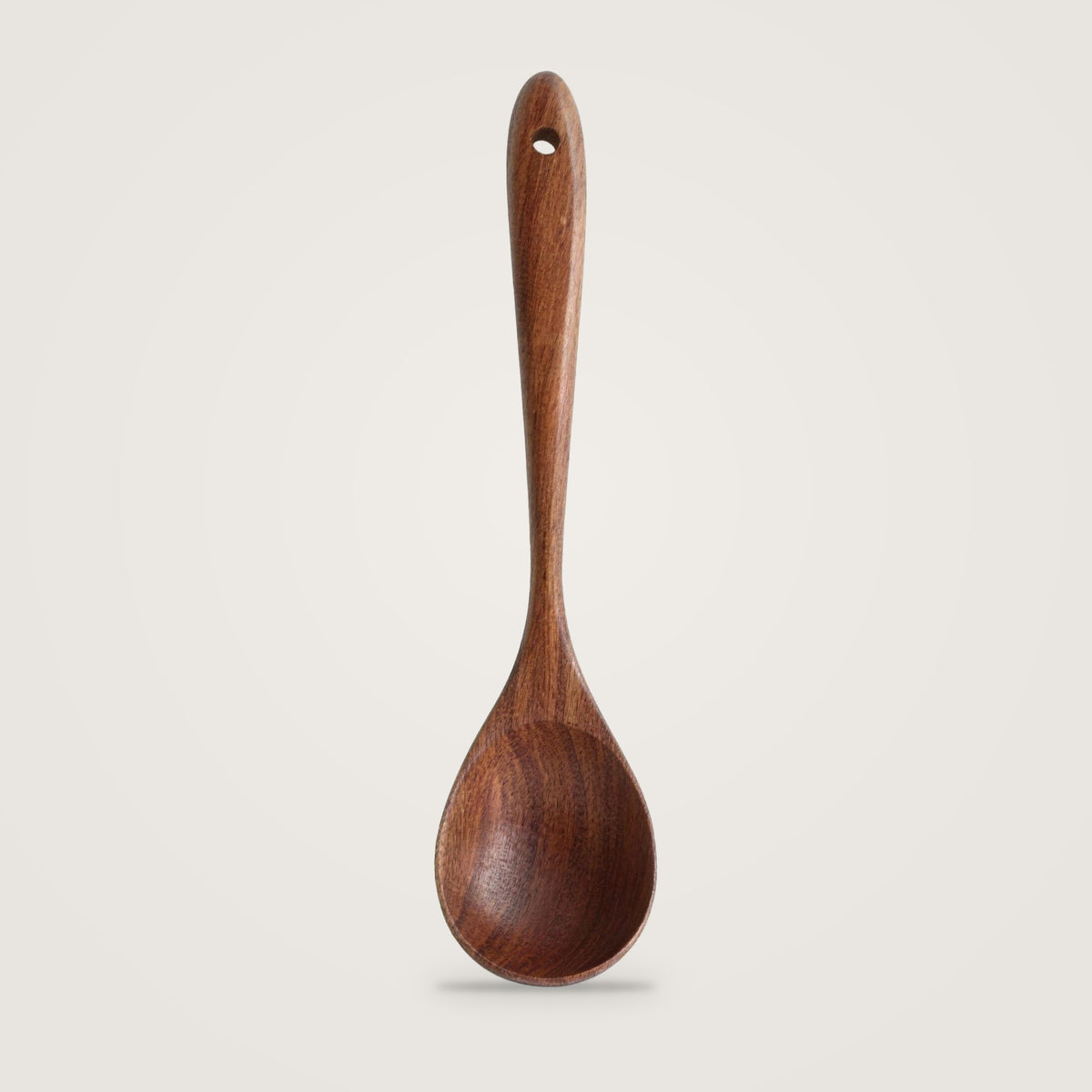 Wooden cooking utensils, Soup Spoon option, on a plain light grey background